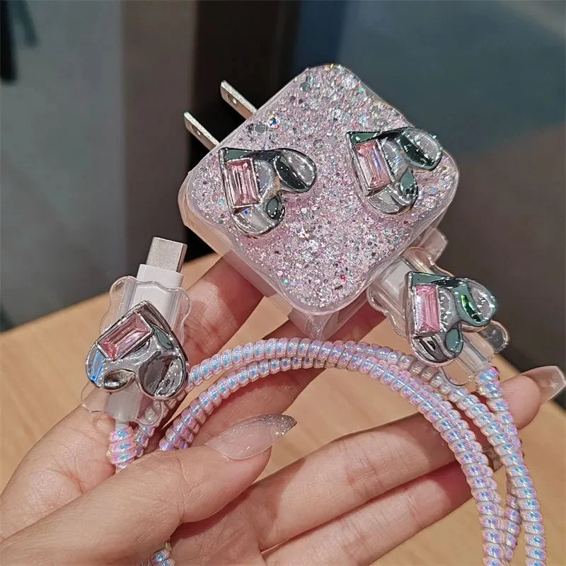 Funda de silicona con purpurina y diamantes de imitación para IPhone, protector de carga rápida 3D con corazón de amor para IPhone 11, 13, 14, 18W-20W - imagen 5