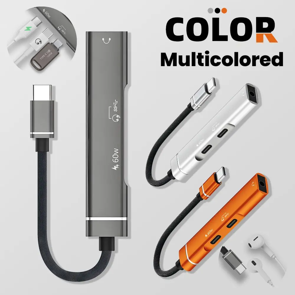 Adaptador divisor de concentrador tipo C de carga rápida de 60W para iphone 15 16 17 Huawei Xiaomi Samsung accesorios de PC tipo C adaptador de Audio de 3,5 MM