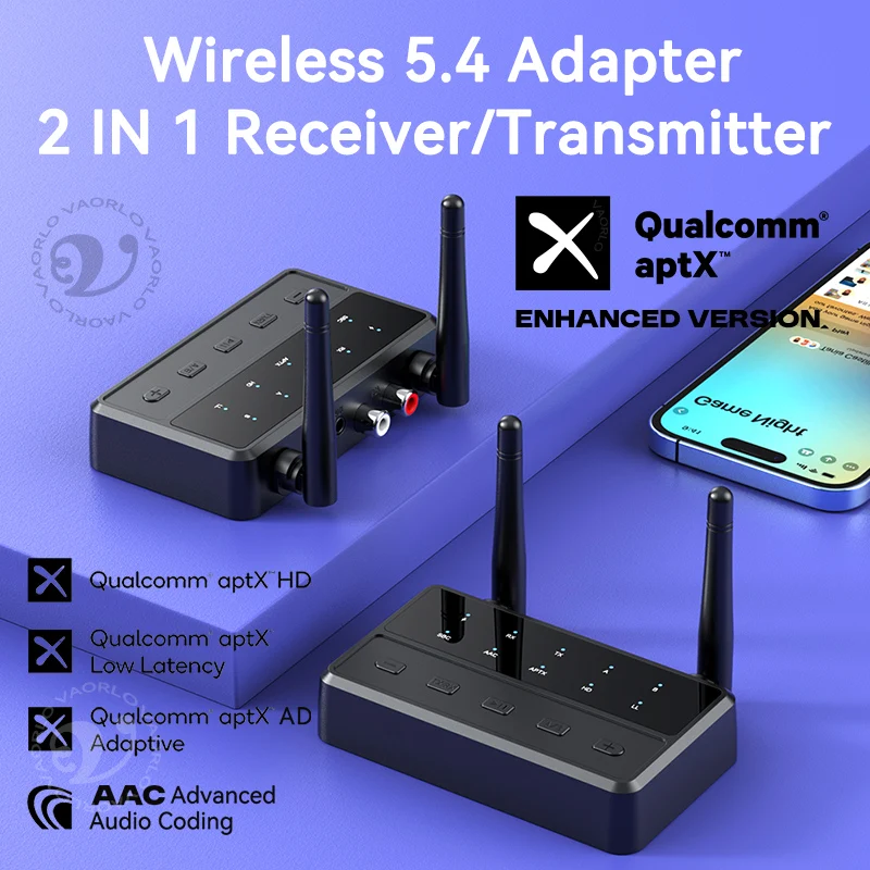 Transmisor y receptor de audio 2 en 1 aptX Bluetooth 5.4 de escritorio, adaptador inalámbrico multipunto de música estéreo HiFi con entrada AUX de 3,5 mm y RCA aptX adaptable AD/HD/LL AAC para TV, PC y coche. - imagen 2