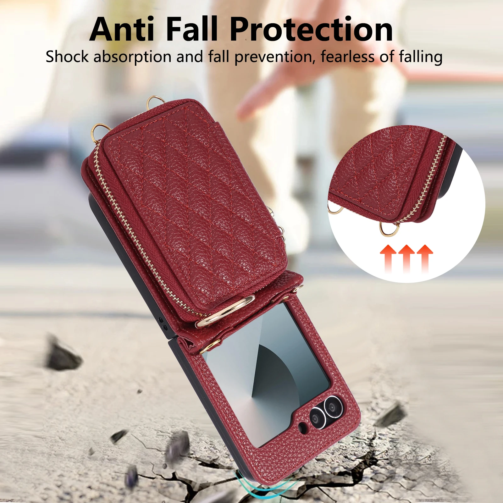 Bandolera con cremallera tarjetas Solt cartera Funda de cuero para Samsung Galaxy Z Flip 7 7FE 6 5 4 3 bolsa con cordón largo cubierta de soporte de anillo de rejilla - imagen 4