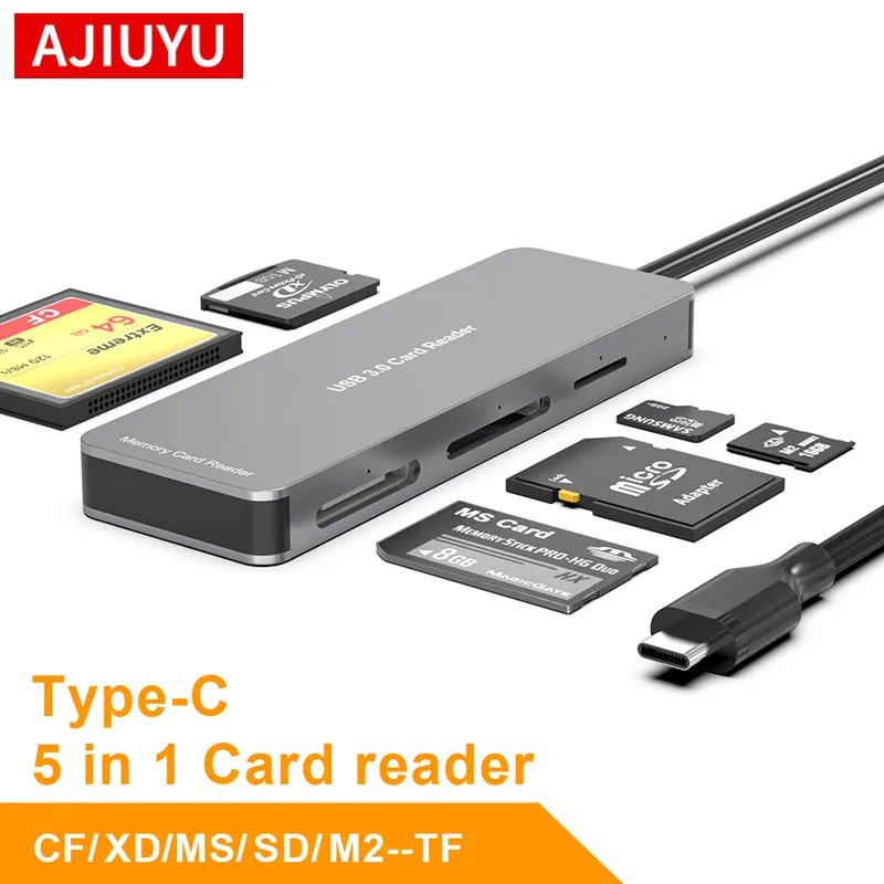 AJIUYU 5 en 1 multifunción tipo C CF XD MS SD M2/TF lector de tarjetas de memoria inteligente adaptador de unidad Flash tipo C ordenador portátil teléfono