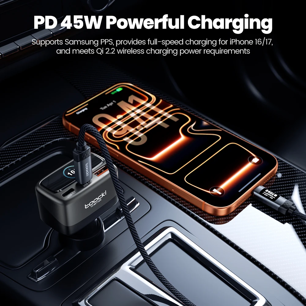 Toocki 105W cargador de coche 3 en 1 PPS PD45W 30W carga rápida pantalla TFT tipo C cargador de teléfono de coche para iPhone 17 16 Samsung S23 S24 - imagen 2