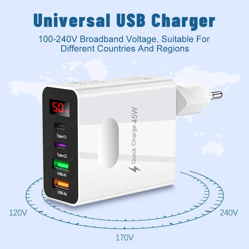 Cargador USB de 45W, 4 puertos tipo C, carga rápida, cargador de pared con pantalla Digital para iPhone, Samsung, Xiaomi, Huawei, adaptador de cargador de teléfono - imagen 5