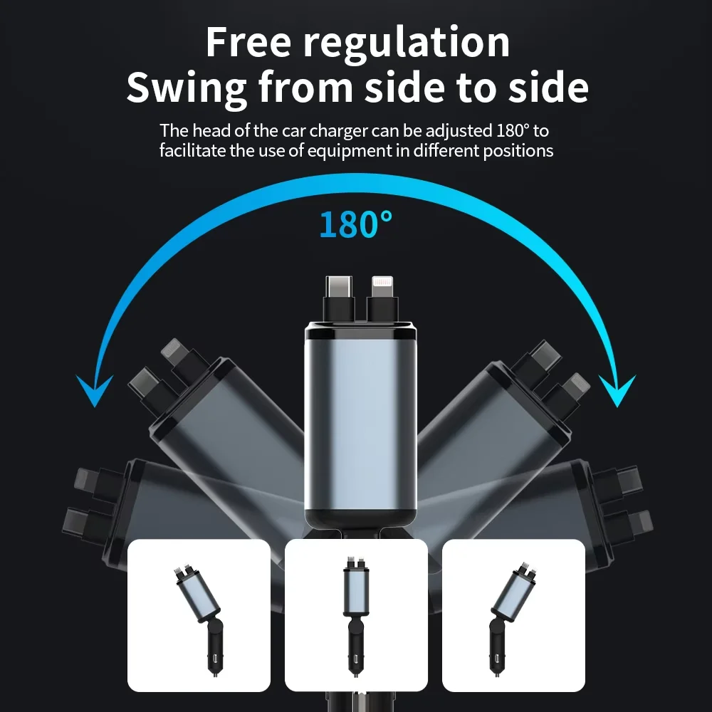 Cargador de coche 4 en 1 con Cable retráctil, puertos USB, adaptador de encendedor de cigarrillos tipo USB C para IPhone, Samsung, Huawei X1, X2, X3 - imagen 4