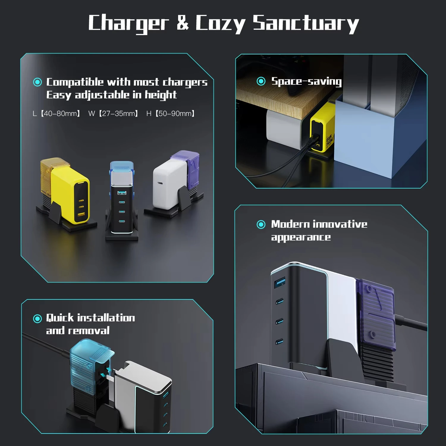 Soporte ajustable, Kit de soporte adaptador de escritorio con cable de extensión hembra a macho para cargador Ugreen CUKTECH de 140W Gan, enchufe estadounidense - imagen 5