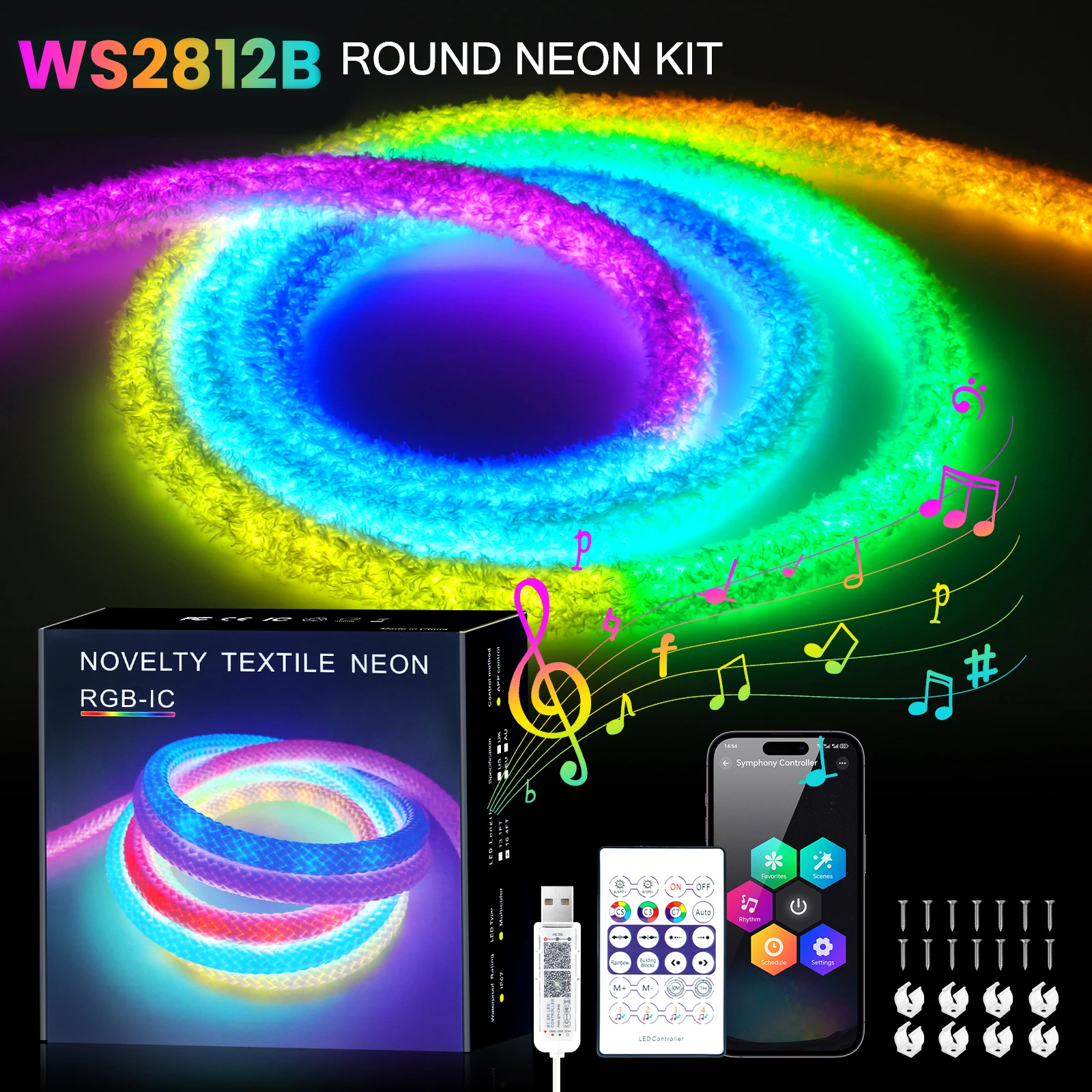 Tira de LED de neón redonda DC5V WS2812B, luz de píxel de neón Led Flexible RGB inteligente de 360 grados, Control por aplicación direccionable IP67 y Kit de 24 teclas