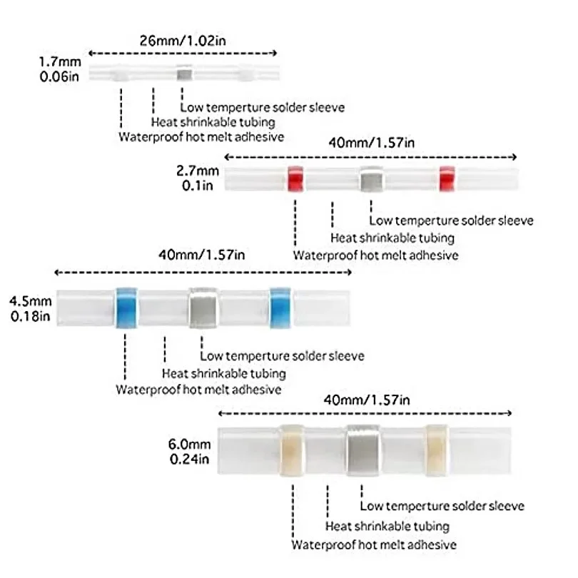 100 Uds. Conectores de Cable termorretráctil impermeables, funda de soldadura, Terminal de Cable eléctrico aislado a tope, Kits de conectores de soldadura - imagen 5