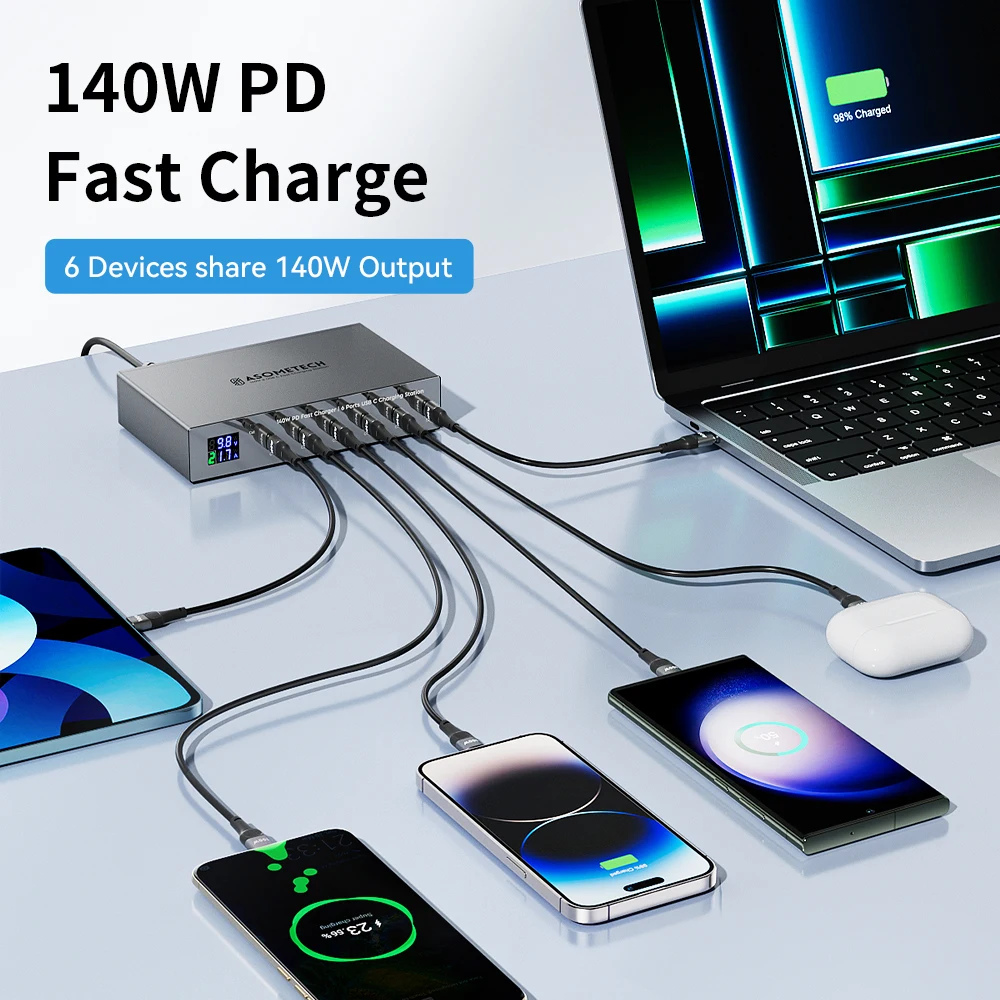 Cargador rápido PD de 140W y 6 puertos, estación de carga rápida multi USB-C de 30W con pantalla LED para IPhone 14 13 Pro Max Samsung Xiaomi Ipad - imagen 2