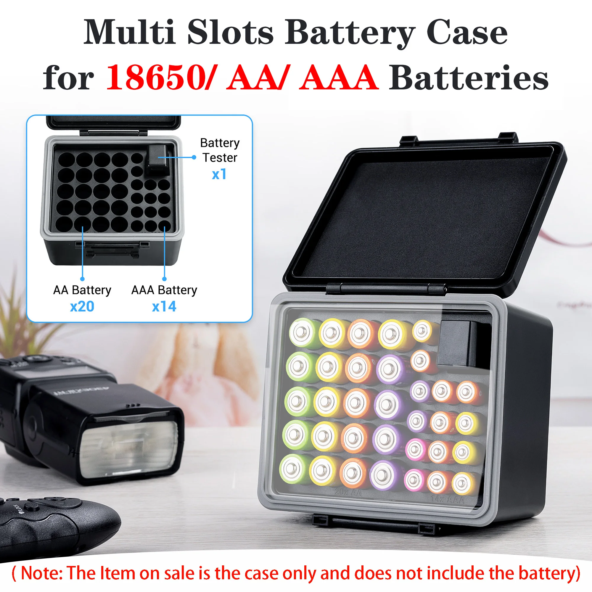 Caja de batería JJC de 44 ranuras con probador de batería para baterías AA/AAA, organizador de caja de batería de carcasa dura resistente al agua para batería 18650