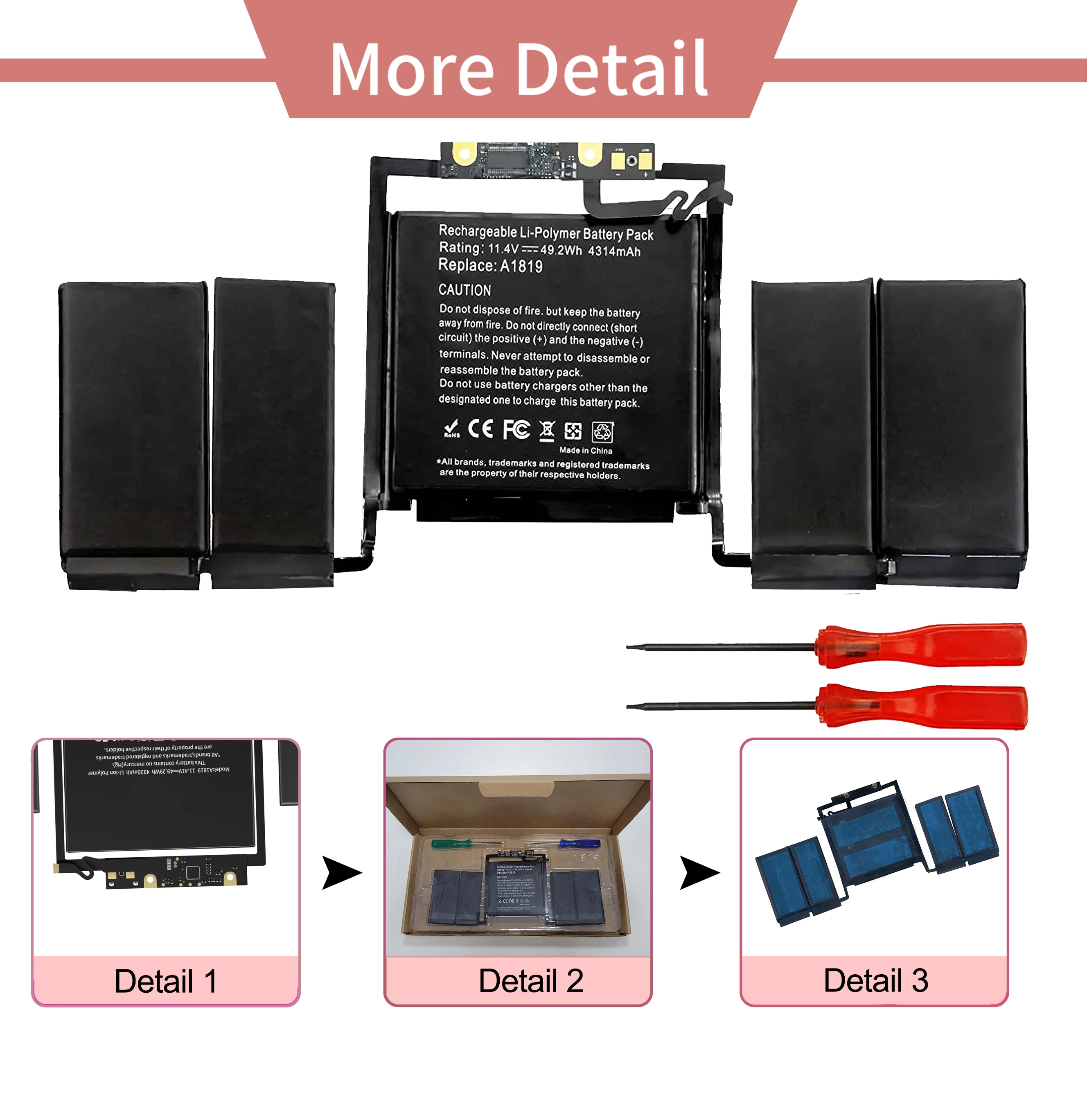 Reemplazo de batería de portátil A1819 para MacBook Pro, barra táctil A1706 de 13 pulgadas, finales de 2016, mediados de 2017, EMC 3071, EMC 3163, versión MLH12LL/A - imagen 3