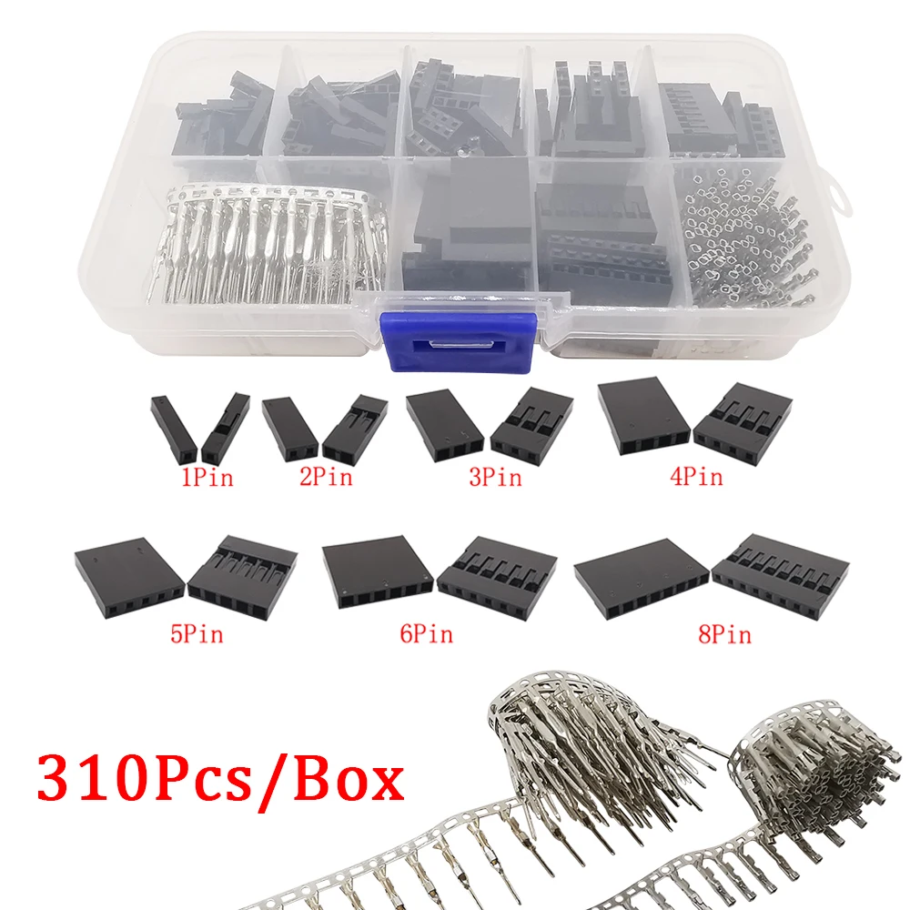 Kit de conectores de Cable Dupont, 310 unids/caja, 1/2/3/4/5/6/8Pin, pines de crimpado macho + cabezal de Pin hembra de Terminal, 2,54 unids/caja