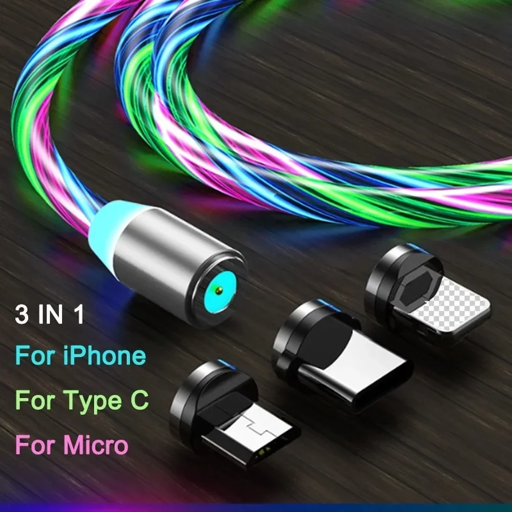 MVQF 3 en 1 flujo magnético iluminación luminosa carga Cable de teléfono móvil Cable cargador para IOS Micro tipo C LED Samaung HUAWEI - imagen 2