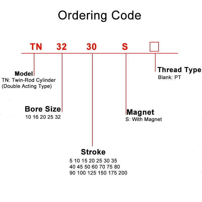 Airtac TN10/16/20/25/32-5/10/15/20/25/30/35/40/45/50/60/70/75/80/90/100 intervalles Twin-Rod avec aimant, 125, 150, 175/200 - imagen 2