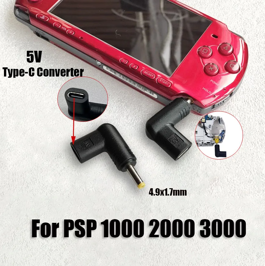Convertir de carga de energía de 5V tipo C a CC para PSP 1000 2000 3000 Mini adaptador de conversión de carga USB C DC 4,9x1,7mm