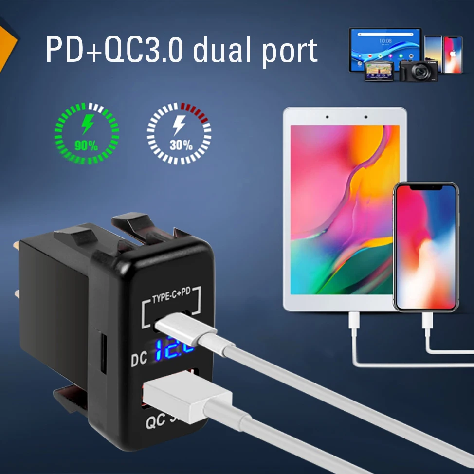 Cargador de coche Dual USB C PD puertos teléfono carga rápida QC3.0 adaptador automático teléfono 12V encendedor de cigarrillos de coche cargador de enchufe para TOYOTA - imagen 3