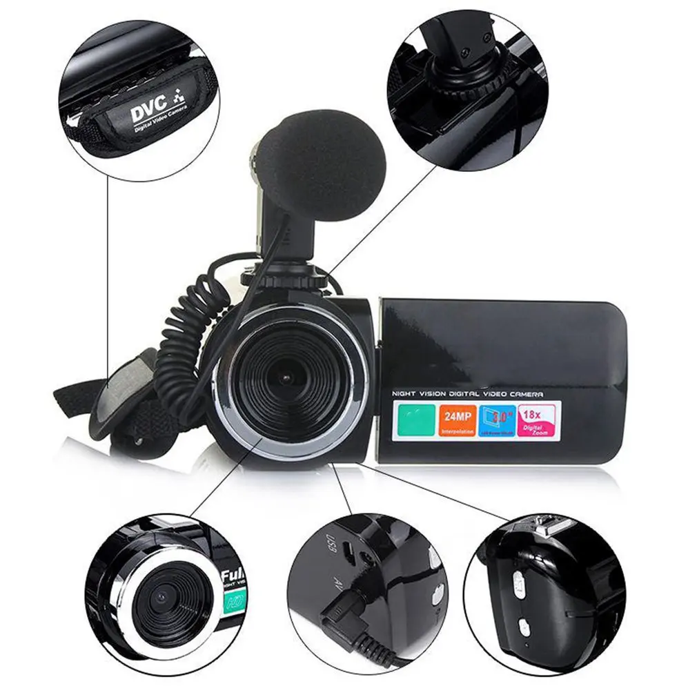 Una cámara negra con un micrófono y correa