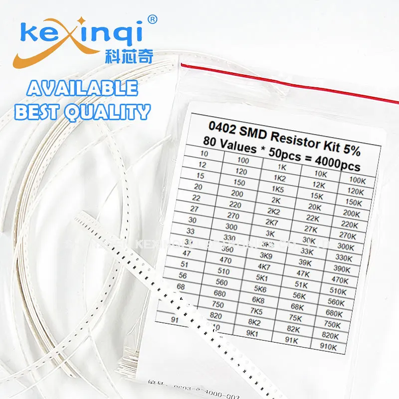 Juego de resistencias 4000 SMD, Kit surtido de resistencias 0402, 10R - 910K Ohm 5% 80valuesX 50 piezas Sample47 91 100 330 470 560 R K, 910 piezas