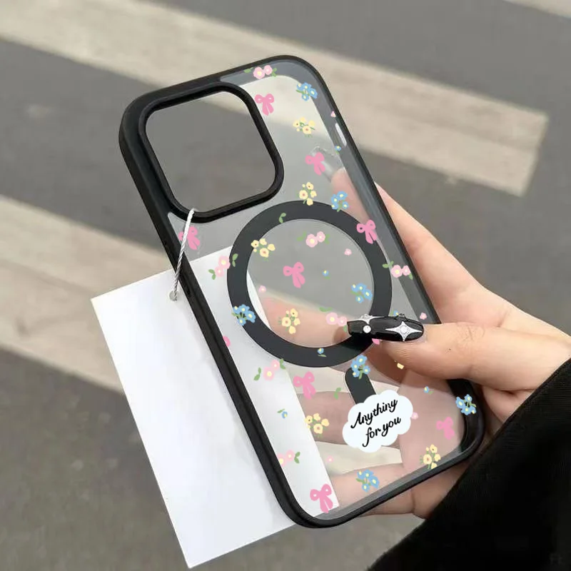Funda de teléfono suave Circular magnética integrada transparente con lazo de flores rotas para iPhone 17 11 13 12 15 14 16 Pro Max Plus Air Cover - imagen 2