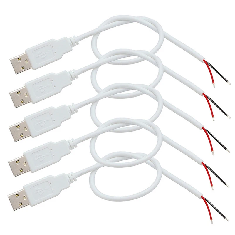 5 uds Cable USB Pigtail macho Cable de alimentación pelado de 2 pines conector de repuesto de 12V para reparación de ventiladores de tira LED USB DIY blanco 0,3 M