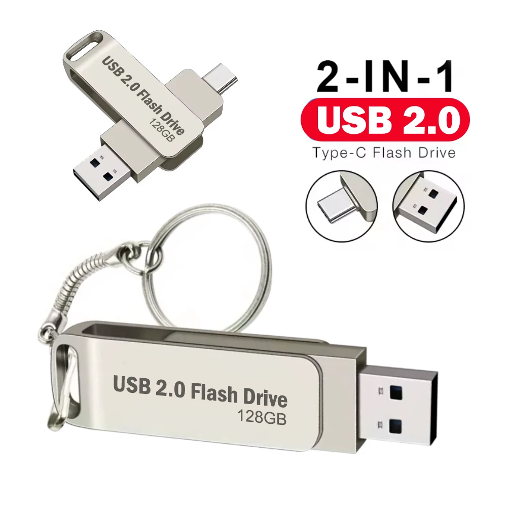Unidad de bolígrafo TYPE-C 2 en 1 con llavero gratis, unidad Flash USB 2,0 giratoria de Metal de 128GB, memoria de regalo de negocios de 64GB, 32GB y 16GB