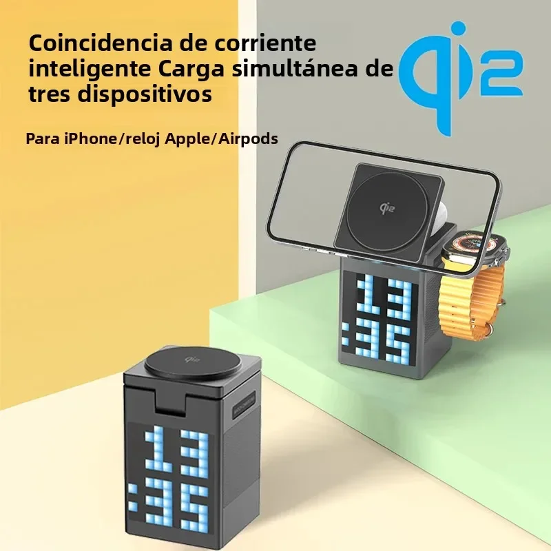 QI2 LED magnético cargador inalámbrico soporte Bluetooth altavoz despertador para Magsafe iPhone 12-17 Pro Max Airpods Pro Apple Watch - imagen 3