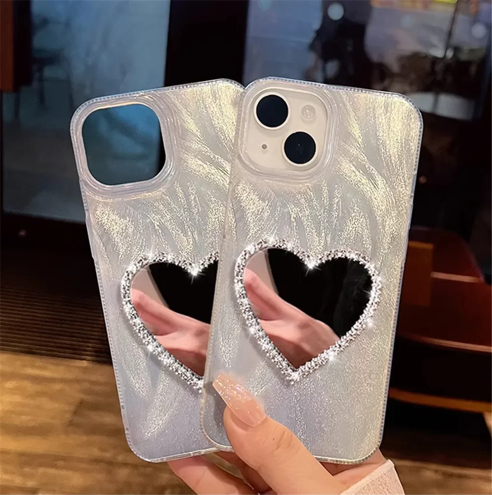 Funda de teléfono con espejo de corazón de diamante de lujo para Xiaomi Redmi Note 13 Pro 4G 5G 12 12S 11 11S 10 10S 9S 8 7 Pro cubierta láser a prueba de golpes - imagen 3