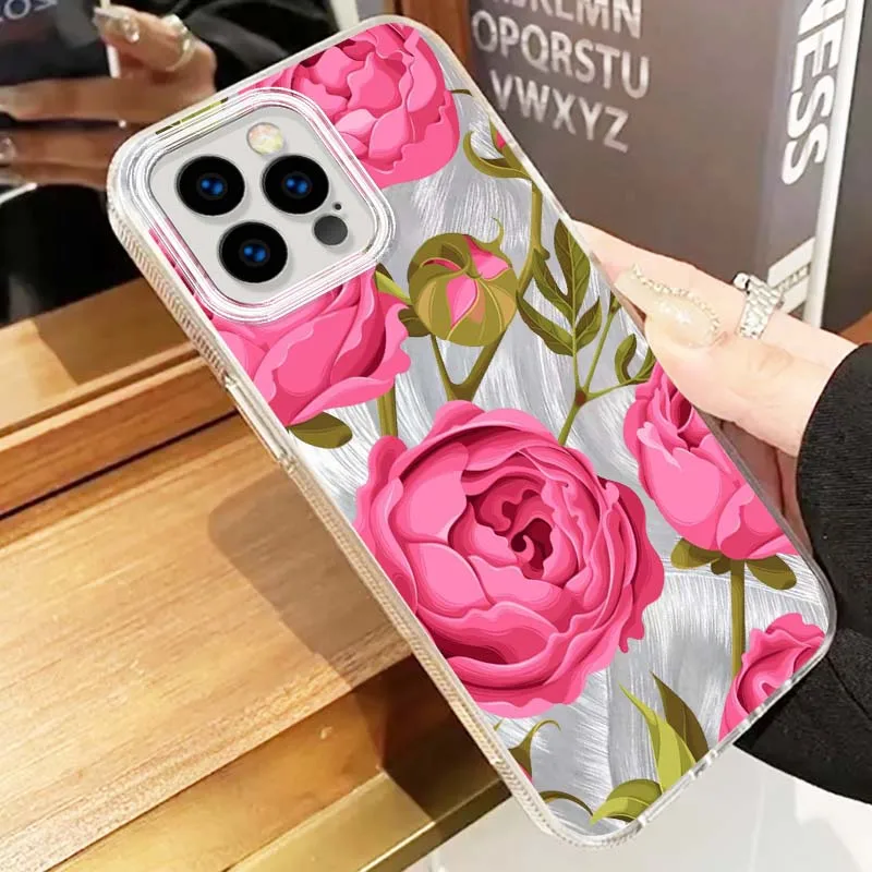 Patrón de rosa rosa para Apple iPhone 16 16E 15 14 13 12 11 8 XS X Pro Max funda de teléfono con textura de plumas - imagen 3