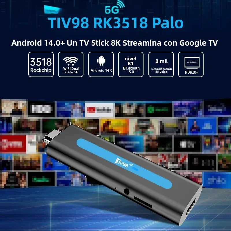 Android Stick Smart Android14 RK3518 compatible con reproductor multimedia HD 8K 4K 4G 5G Dual WiFi6 HDR10 8GB 128GB control remoto por voz iptv