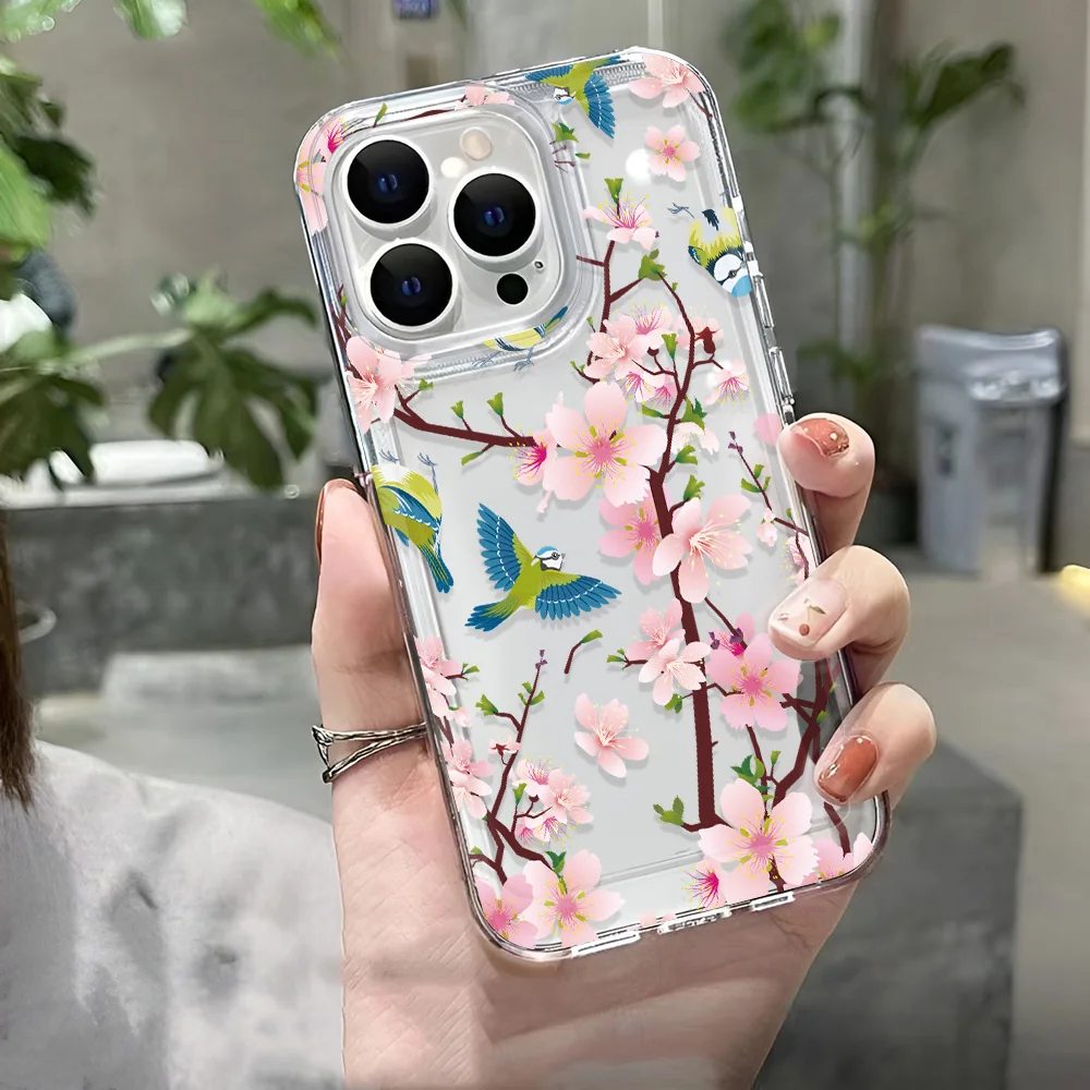 Funda transparente Simple con diseño de pájaro y flor fina rosa para iPhone 16 15 14 11 13 12 Pro Max Mini 15 14 16 Plus, funda a prueba de golpes para iPhone 16e - imagen 2
