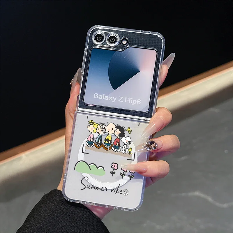 Lindo dibujos animados Snoopy para Magsafe funda con soporte magnético para Samsung Galaxy Z Flip 7 6 5 3 4 cubierta de carga inalámbrica carcasa encantadora - imagen 3