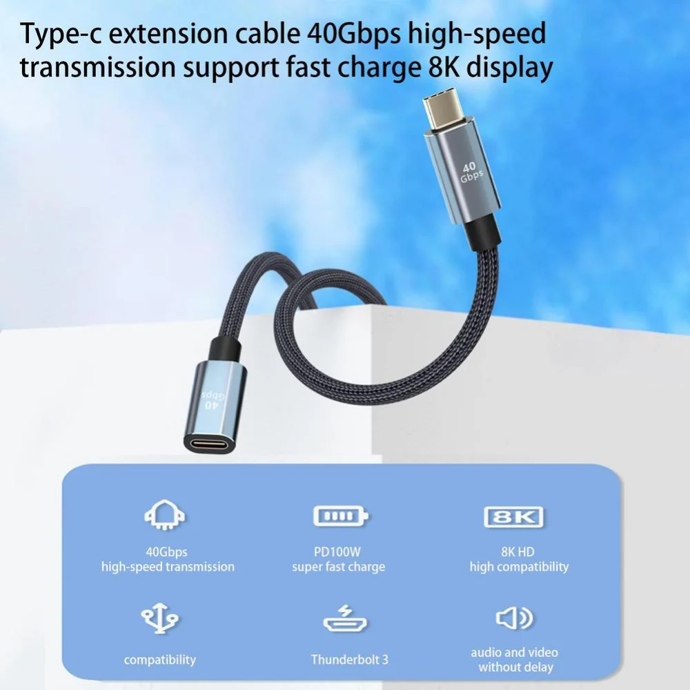 Nku-Cables de extensión USB 4 tipo C, extensor macho a hembra, transferencia de datos de 40Gbps, Cable de carga de 100W para PC, portátiles y Monitor - imagen 3