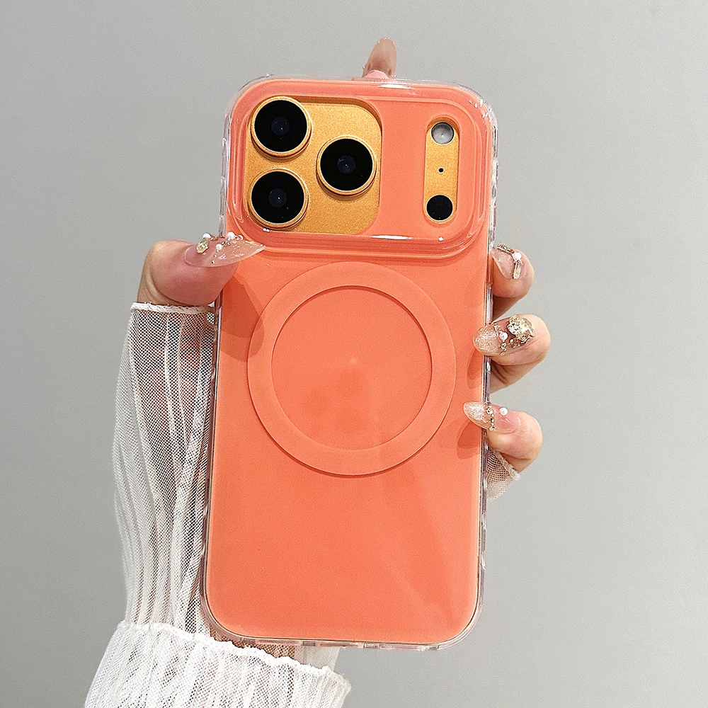 Funda de teléfono magnética de Color sólido naranja Simple para IPhone 13, 14, 15, 16, 17, 17pro, 17ProMax, Funda protectora de carga inalámbrica - imagen 3