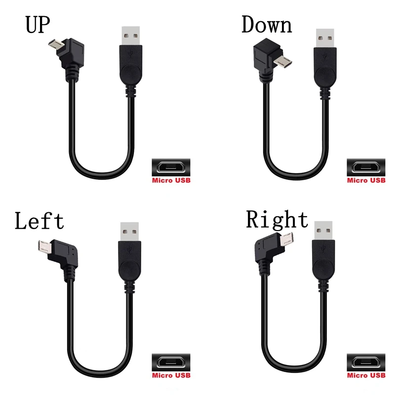 Up Down Left Right Angled 90 grados USB Micro macho a conector de carga rápida de datos USB Cable corto 25cm 50cm 5M para tableta