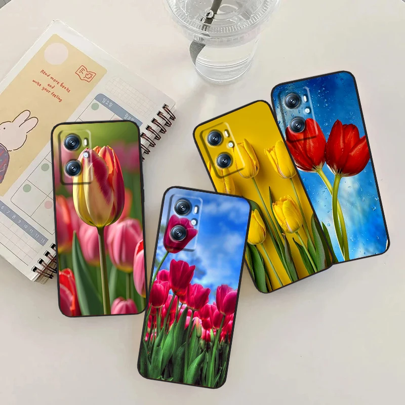 Tulipanes girasol Rosa flor para OPPO Find X5 X3 X6 A54S A5 A94 A16 A53S A57 A74 A72 A98 A78 A96 A9 5G, funda negra para teléfono