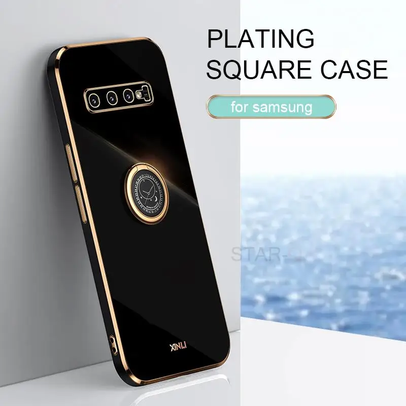 Funda de teléfono con soporte de anillo chapado para Samsung Galaxy S10 Plus S10plus S 10, funda de silicona suave con parachoques dorado de lujo - imagen 2