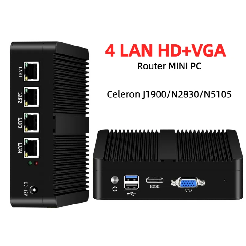 Mini PC sin ventilador 4 LAN Celeron J1900 N2830 enrutador firewall Pfsense Windows OpenWrt Debian PC Industrial servidor de ordenador