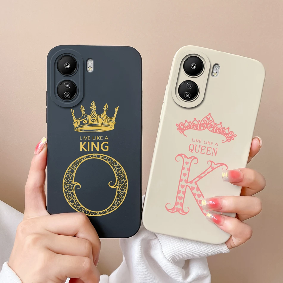 Para Xiaomi Poco C65 Funda corona letra actualización Cámara protección Coque suave silicona líquida blanco y negro Funda de teléfono pareja Funda