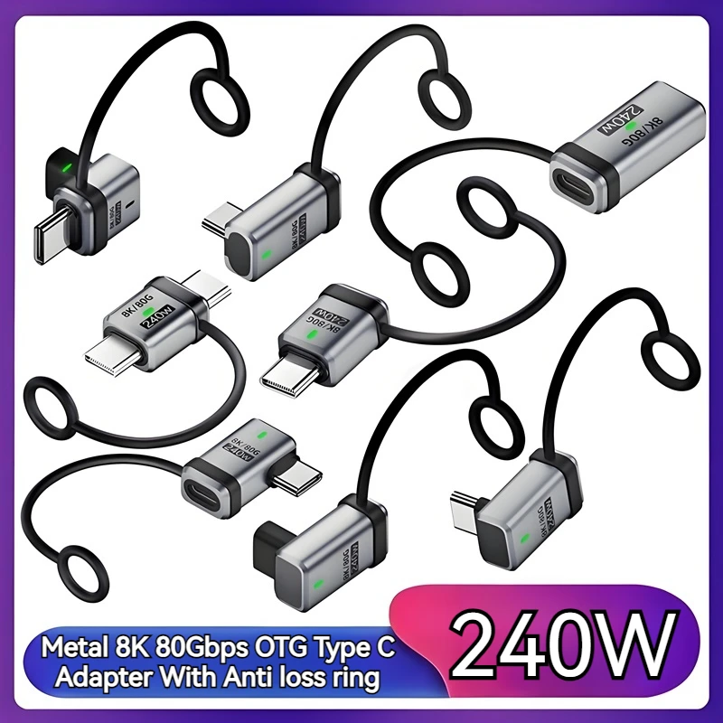 Adaptador USB tipo C de Metal de 240W, convertidor OTG de 40gbps, transferencia de datos, indicador de carga de 48V 5A USB-C para teléfono Macbook Air y portátil