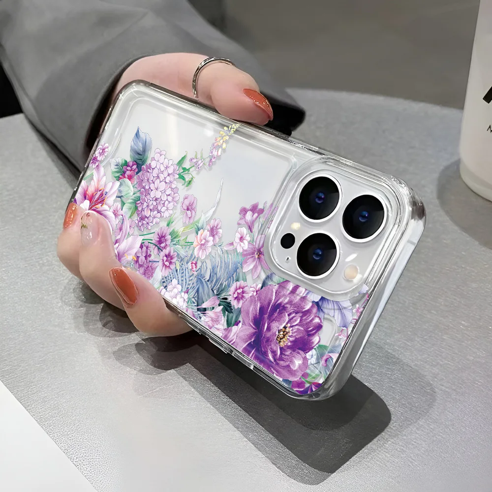 Funda de teléfono con purpurina y flores moradas para iPhone 16, 16E, 15, 14, 13, 12, 11 Pro Max Plus, funda dura para chica, carcasa transparente epoxi - imagen 5