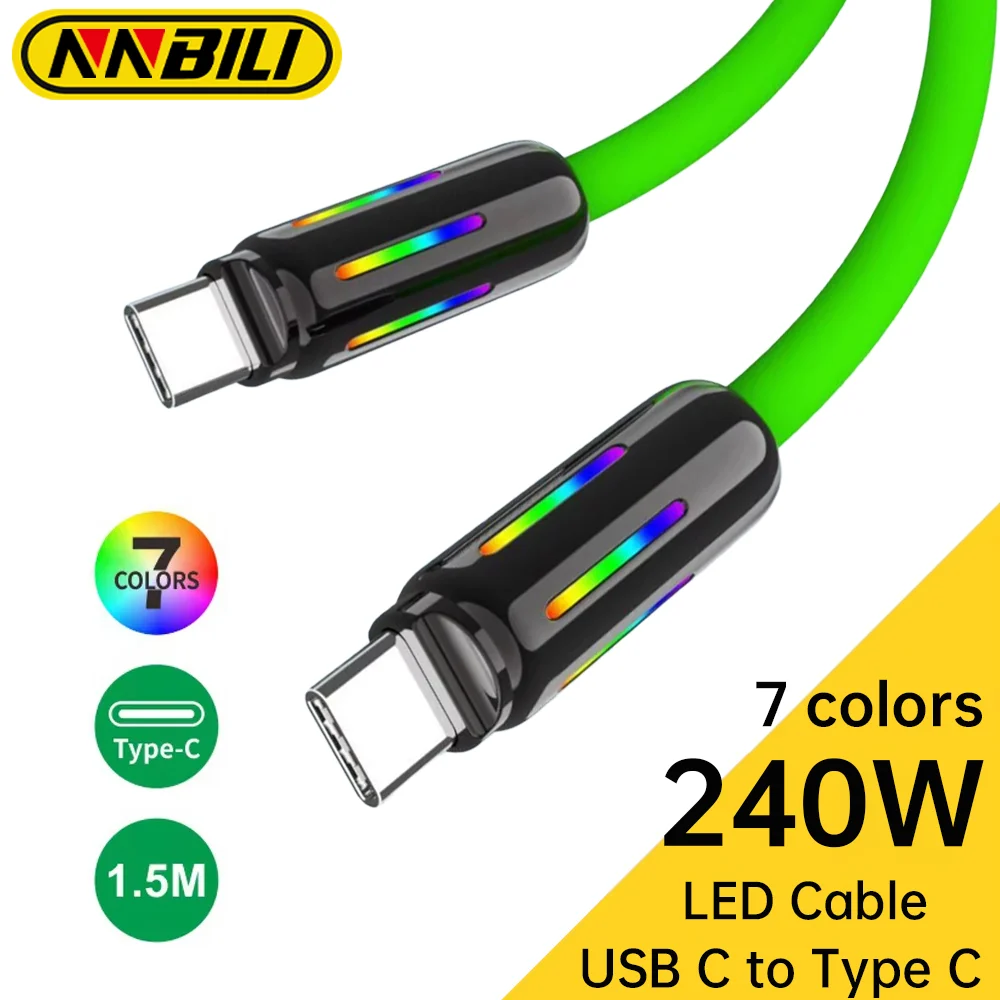 NNBILI Cable de datos de carga rápida 4 en 1 de 240W, luz de respiración RGB colorida, Cable cargador de transmisión de alta velocidad USB C a tipo C
