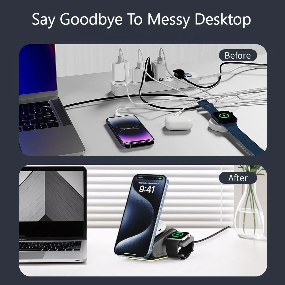 Cargador inalámbrico magnético luz LED nocturna para iPhone 17 16 15 14 Pro Max Apple Watch Airpods Samsung Galaxy Watch carga rápida - imagen 4