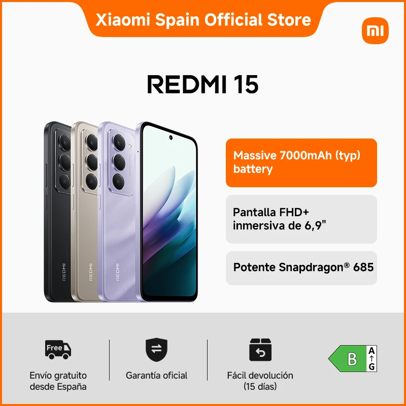 Official | REDMI 15 Batería masiva de 7000 mAh (típ.) Pantalla FHD+ inmersiva de 6,9" Potente Snapdragon® 685 Diseño de cuatro curvas para mayor comodidad al sujetarlo Carga rápida de 33 W5 Sistema de cámara dual de 50 MP con AI
