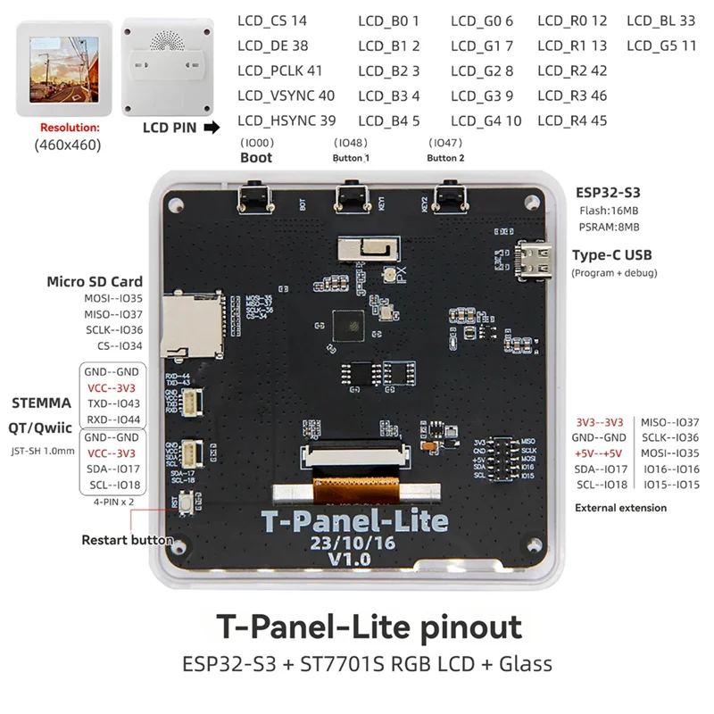 Placa de desarrollo LILYGO T-Panel-Liite S3 ESP32-S3 con pantalla LCD IPS de 4 pulgadas 460*460 compatible con WIFI Bluetooth - imagen 2