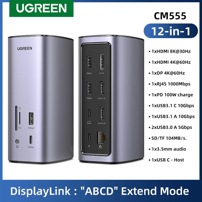 UGREEN Docking Station 12 en 1 – Triple Pantalla 8K, RJ45, PD 100W