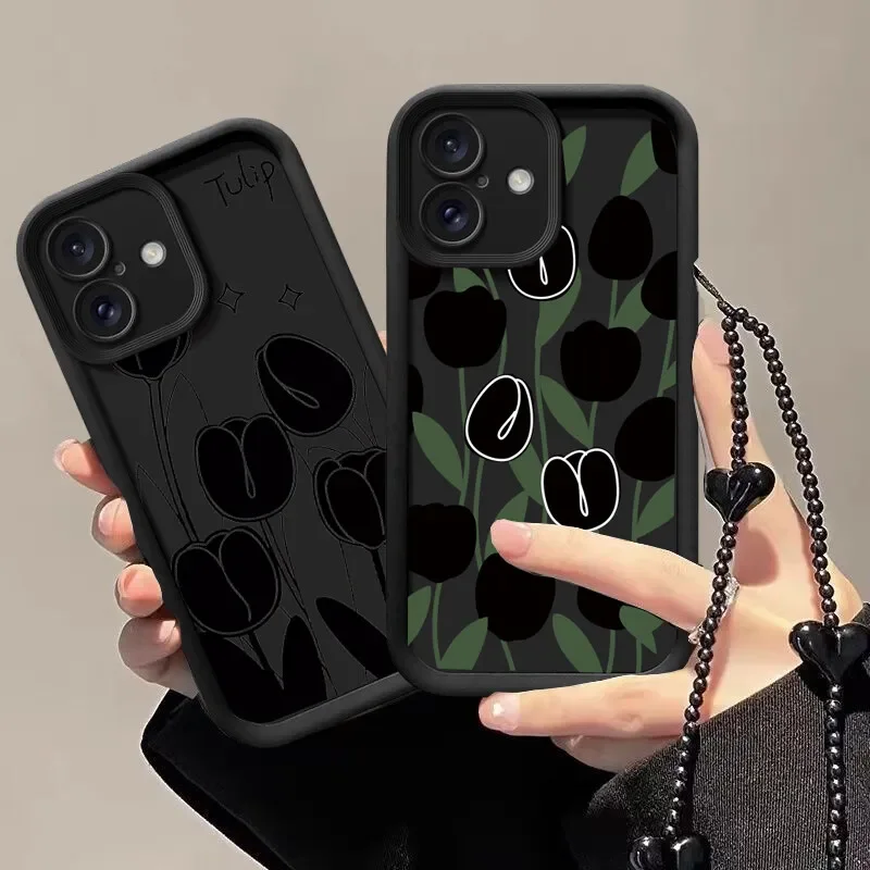 Funda de cadena de teléfono con corazón de amor de tulipán negro para Oneplus 12 11 10R 11R 12R 8T One Plus NORD CE 2 3 4 LITE pulsera cubierta suave - imagen 2