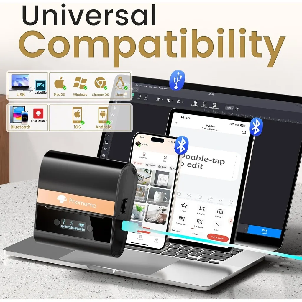 Phomemo-máquina de etiquetas grande M260, impresora portátil de etiquetas adhesivas de 20-80mm, impresora térmica sin tinta con Bluetooth para negocios, hogar y oficina - imagen 5