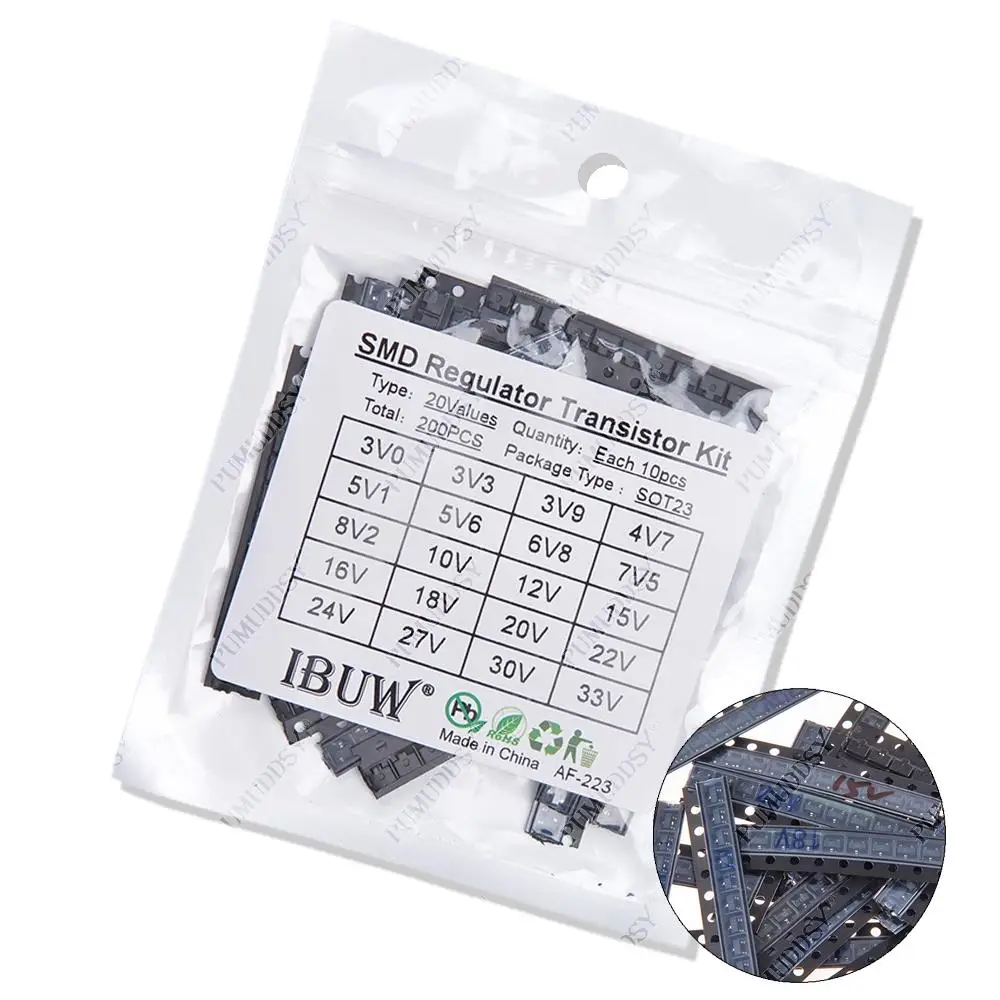 Diodo Zener de 200 piezas en SOT23, Kit de muestras de paquete Diygba, 20 tipos x 10 piezas