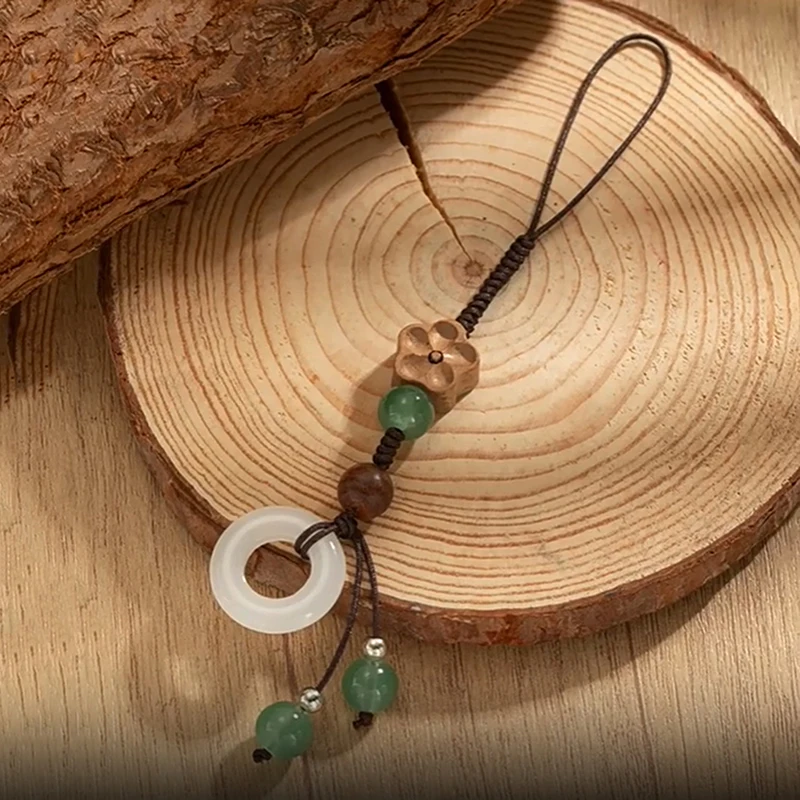 Anillo tejido de flor de ciruelo de madera Vintage, cuentas redondas de pared, borla, cadena para teléfono móvil, correas para teléfono móvil, cordón corto, cuerda de mano - imagen 3