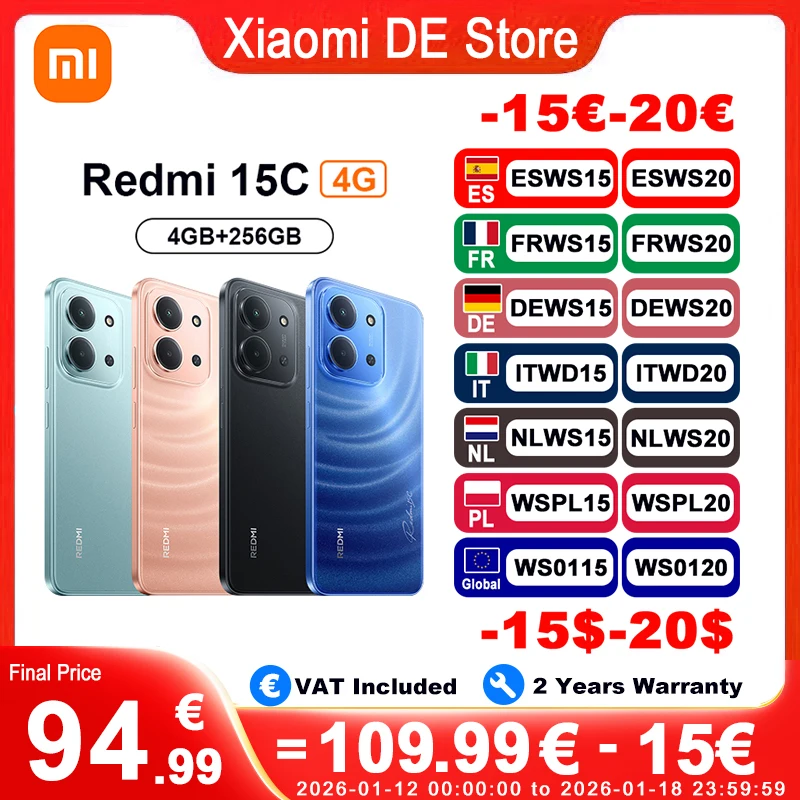 Versión Global Redmi 15C 4G NFC teléfono móvil 50MP AI cámara Dual 6000mAh 33W carga rápida teléfono móvil Smartphone 4G + 256GB