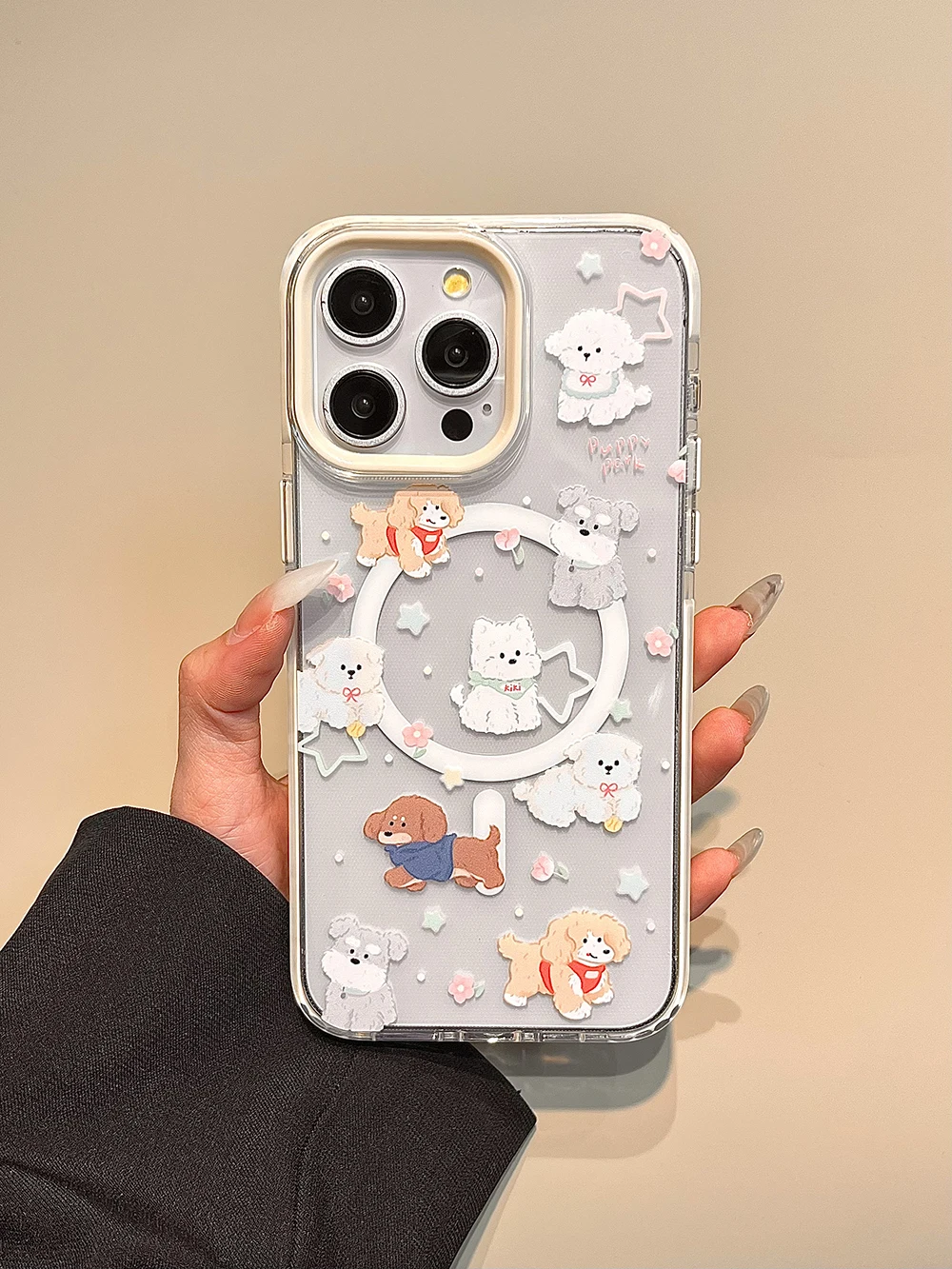 Lindo soporte magnético de Corea Tok dibujos animados cachorros animales fundas de teléfono para IPhone 16 15 14 13 Pro Max encantador perro funda trasera suave - imagen 5